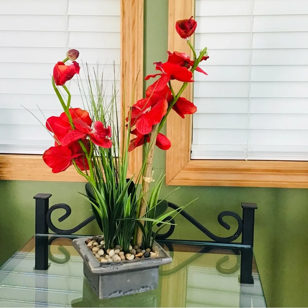 Red Artificial Orchid Arrangement in Gray Planter -